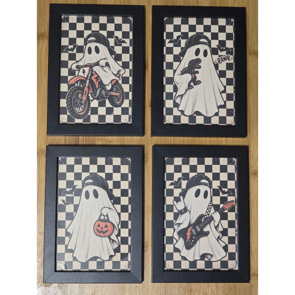 Halloween Ghost Framed Art Set of 4 Dirt Bike Dino Rocker Spooky Decor